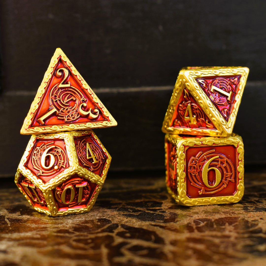 Ballad of the Bard Red and Gold Metal Dice Set