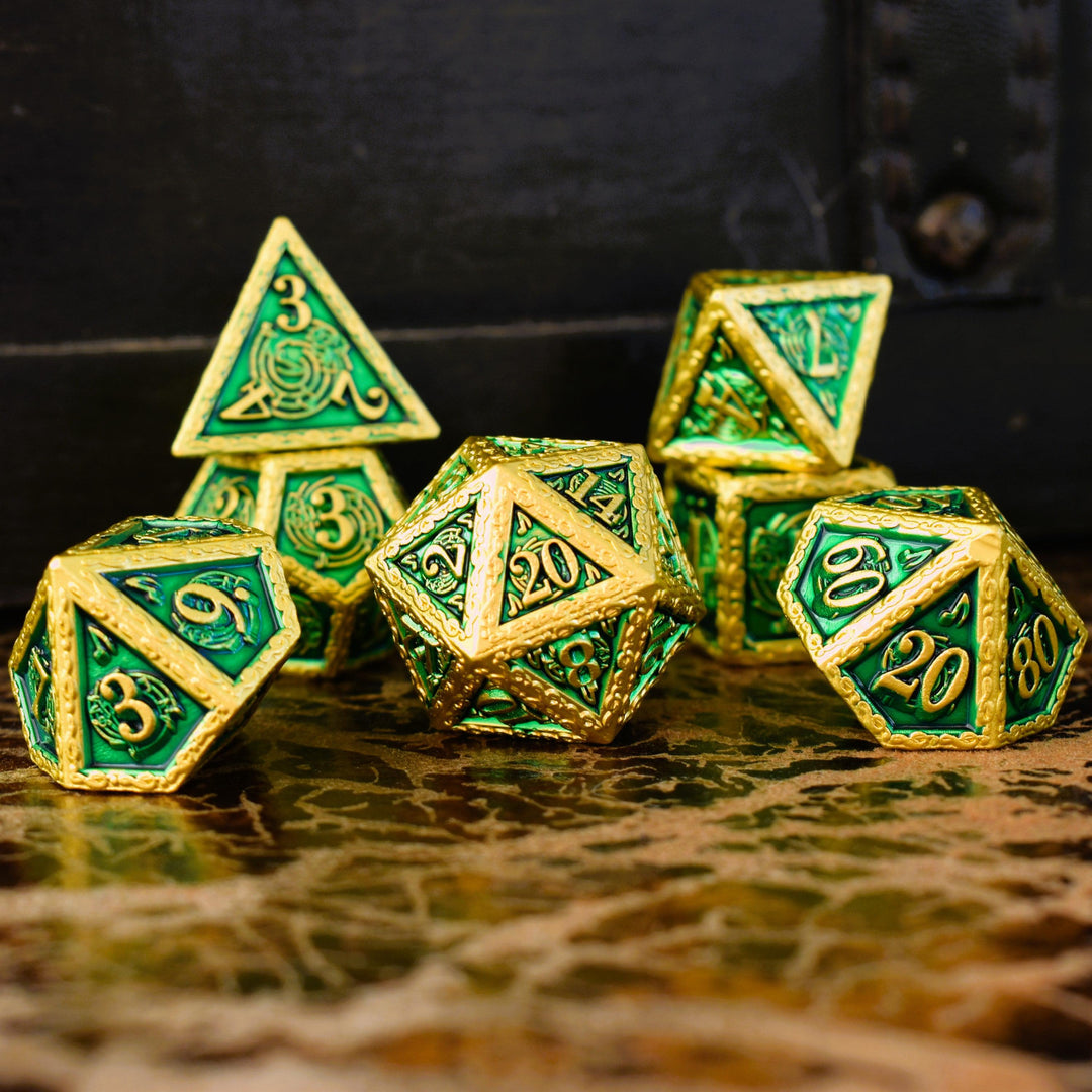 Ballad of the Bard Green and Gold Metal Dice Set