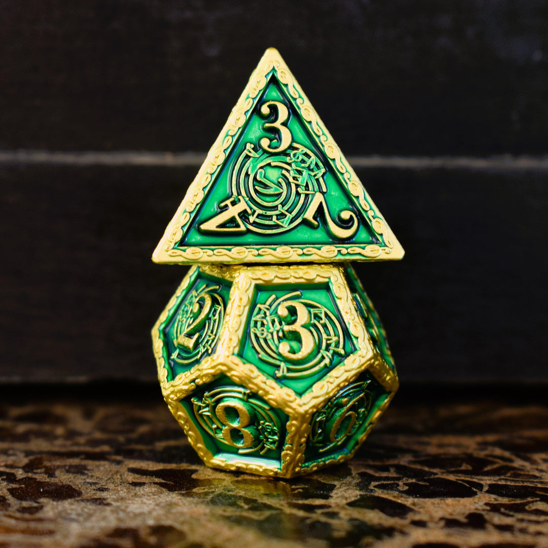 Ballad of the Bard Green and Gold Metal Dice Set