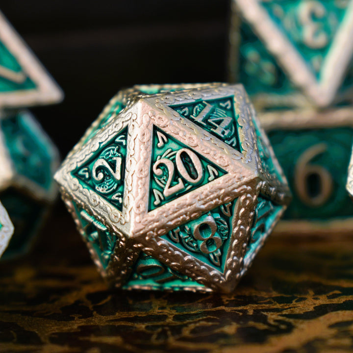 Ballad of the Bard Green and Silver Metal Dice Set