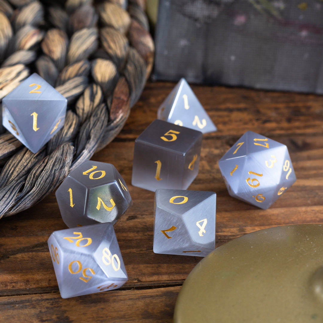 Hand Carved  Gemstone Gray Cats Eye Stone (And Box) Polyhedral Dice DnD Dice Set
