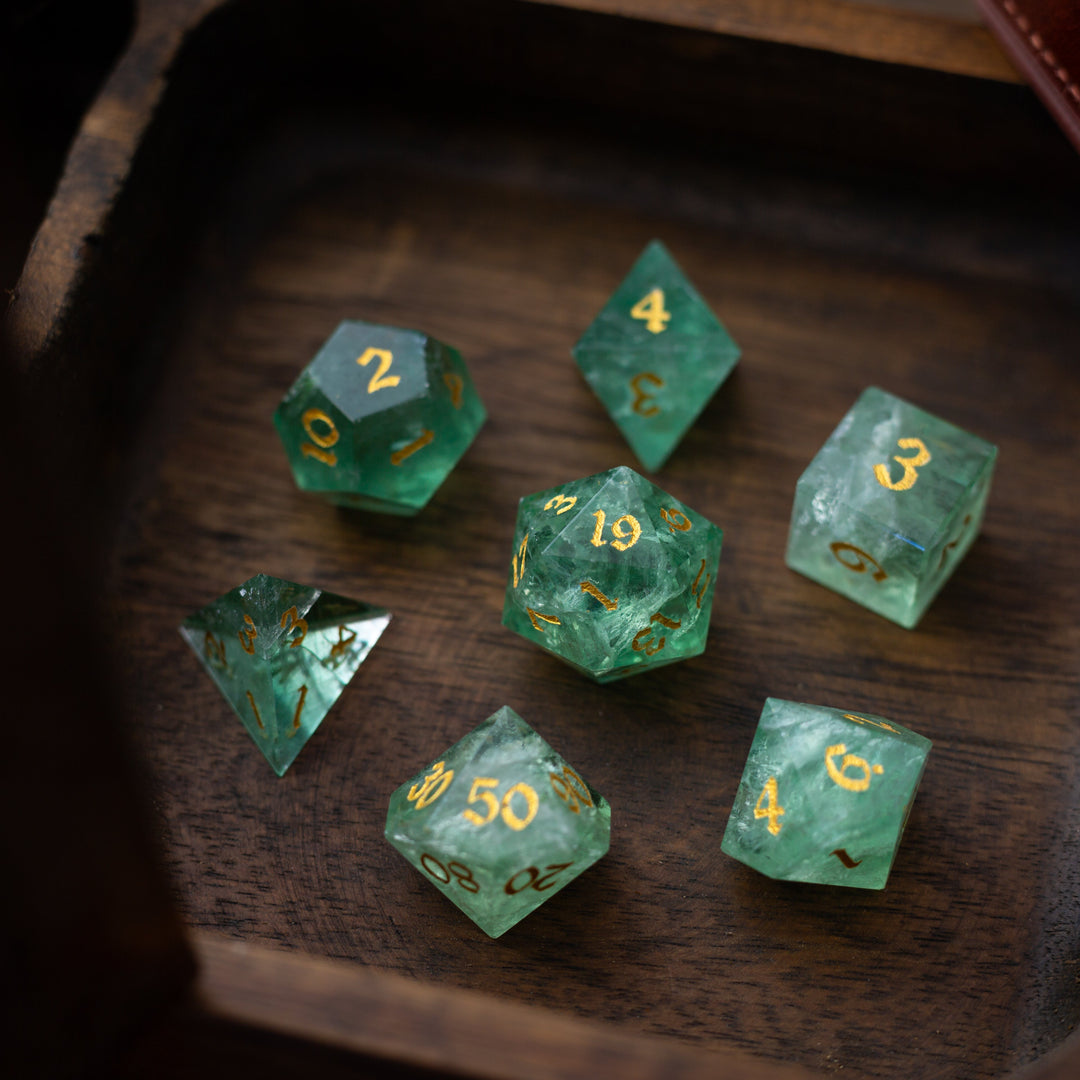 Green Fluorite Gemstone Dice (Chlorophane)  Hand Carved Polyhedral Dice (With Box) DND Set