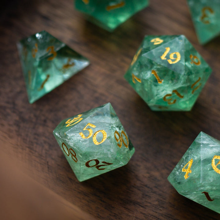 Green Fluorite Gemstone Dice (Chlorophane)  Hand Carved Polyhedral Dice (With Box) DND Set