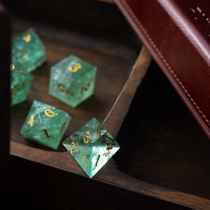 Green Fluorite Gemstone Dice (Chlorophane)  Hand Carved Polyhedral Dice (With Box) DND Set