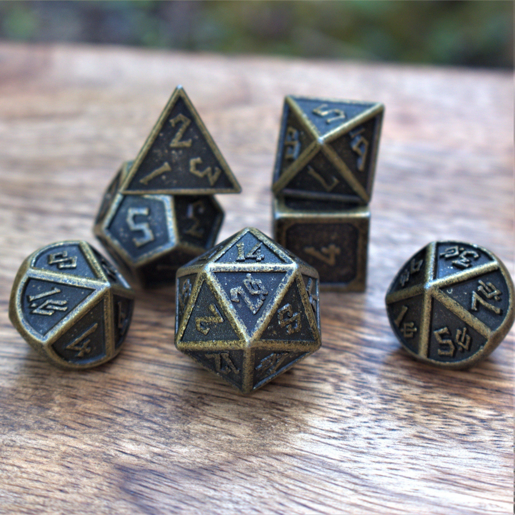 Elder Runes Battle-Worn Gold Metal Dice Set – DruidDice