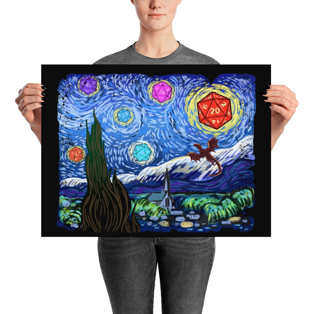 Starry Night Design, Dnd Decoration, D20 Wall Art, Rpg Poster, Gift For Dnd Poster, Dnd Decor, Dragon Dice, Dnd Gift, Dnd Poster