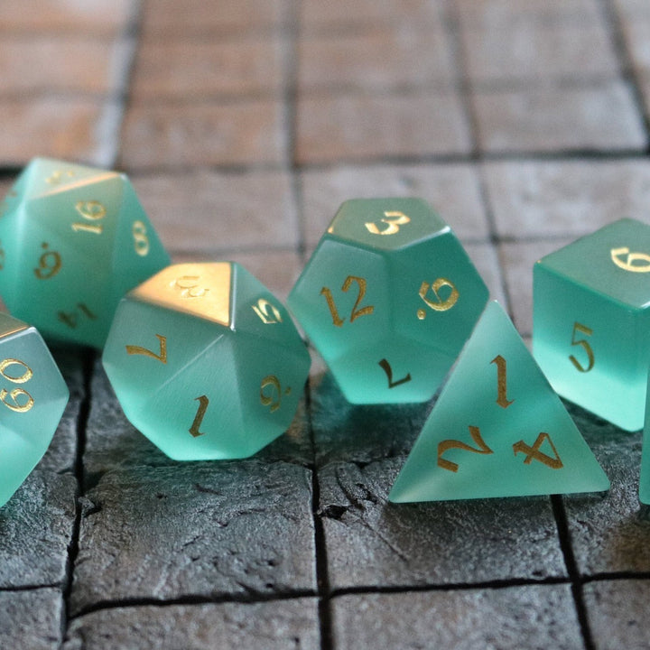 Hand Carved  Gemstone Aquamarine Cats Eye Stone (And Box) Polyhedral Dice DND Set