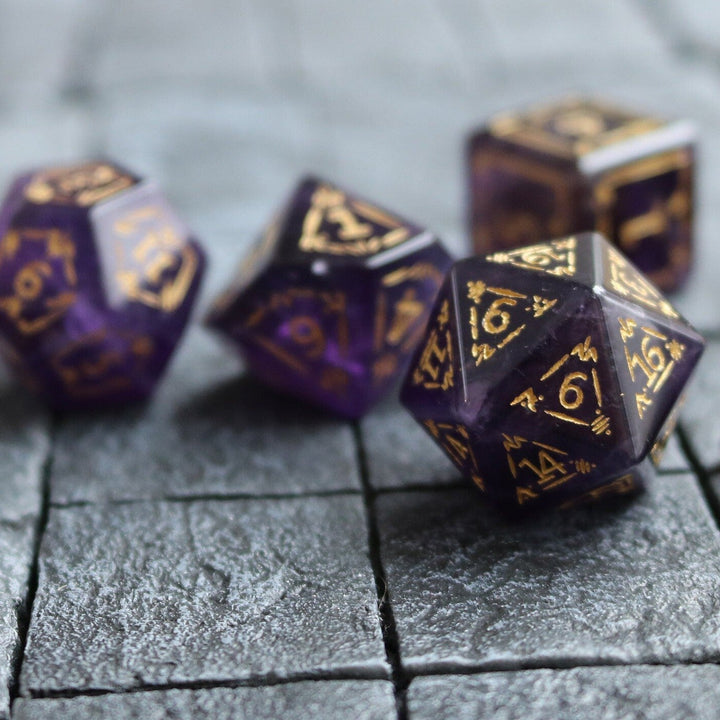 Dragon Shield Purple Gemstone Amethyst Dice (With Box) Hand Carved Polyhedral Dice DND Set