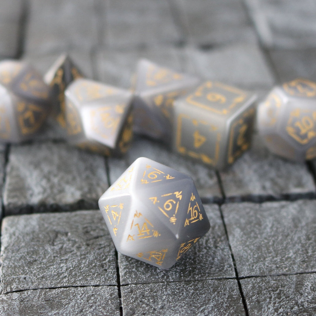 Dragon Shield Gemstone Gray Cats Eye Stone (And Box) Polyhedral Dice DND Set