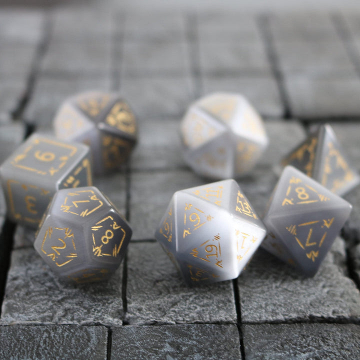 Dragon Shield Gemstone Gray Cats Eye Stone (And Box) Polyhedral Dice DND Set