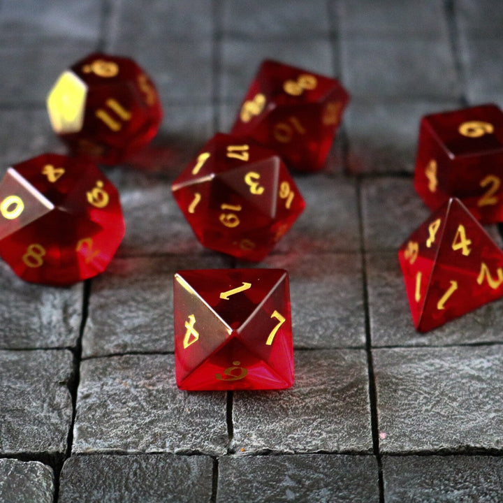 Hand Carved Blood Red Zircon Glass (And Box) Polyhedral Dice DND Set