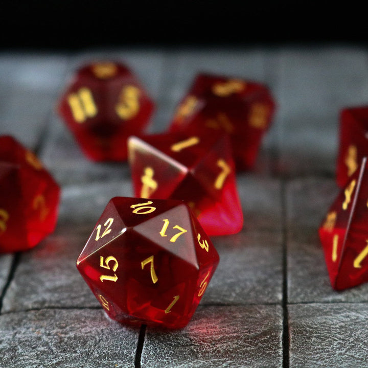 Hand Carved Blood Red Zircon Glass (And Box) Polyhedral Dice DND Set