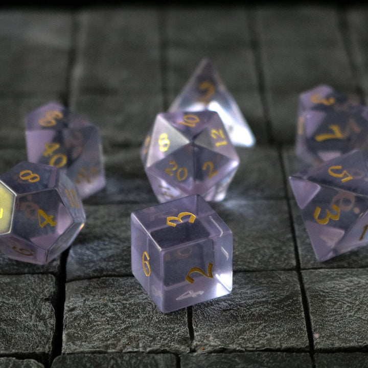 Hand Carved Purple Zircon Glass (And Box) Polyhedral Dice Set