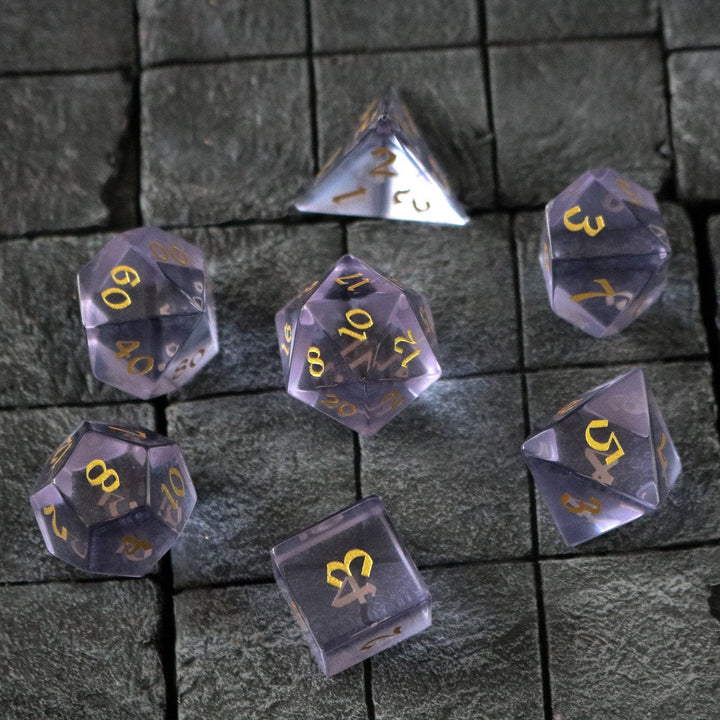 Hand Carved Purple Zircon Glass (And Box) Polyhedral Dice Set