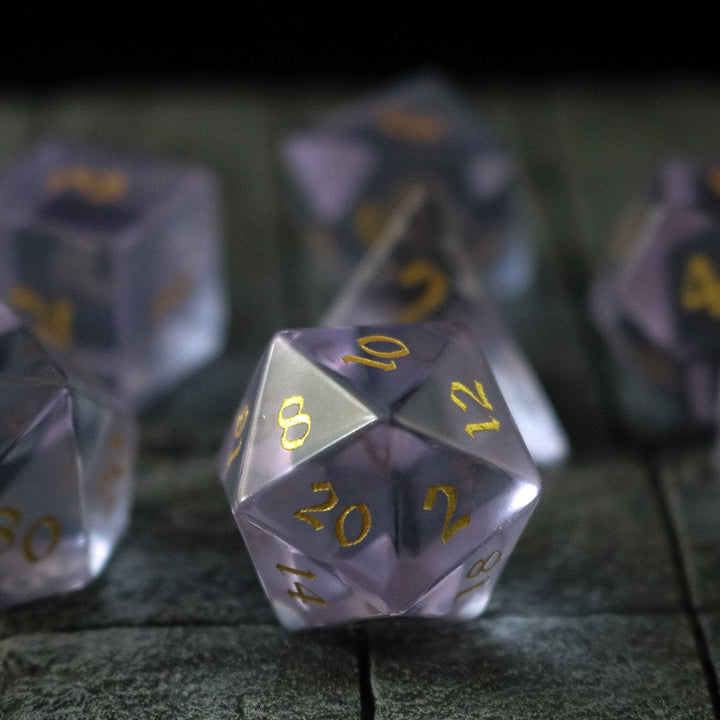 Hand Carved Purple Zircon Glass (And Box) Polyhedral Dice Set