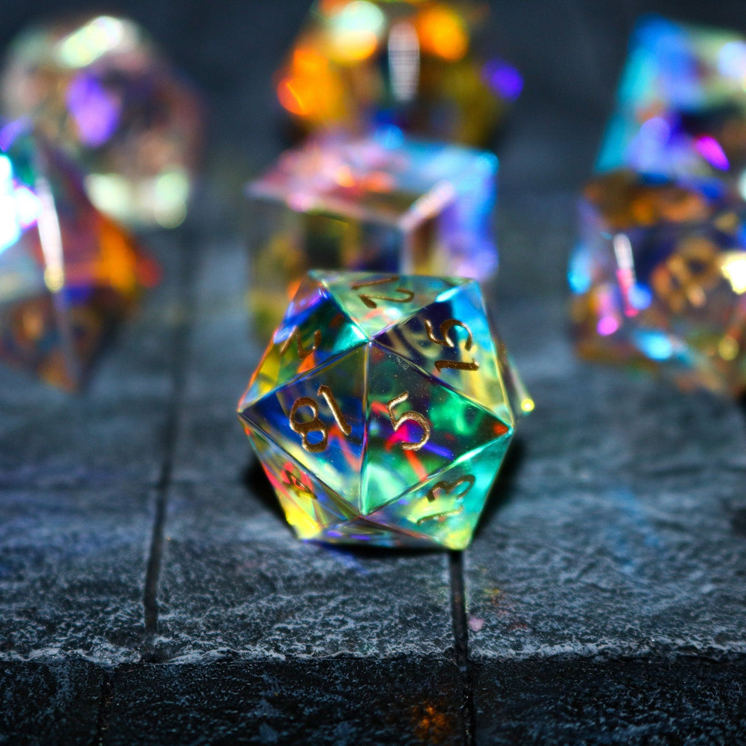 Hand Carved  Gemstone Dichroic Glass Polyhedral Dice (With Box) DnD Dice Set - RPG Game DND MTG Game