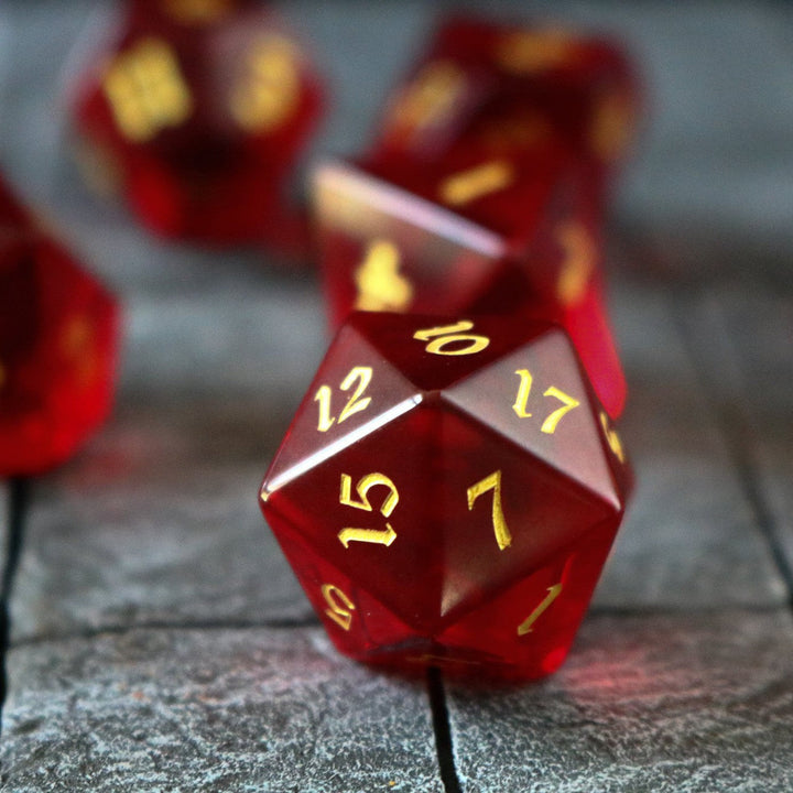 Hand Carved Blood Red Zircon Glass (And Box) Polyhedral Dice DND Set