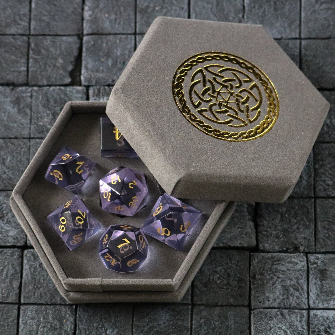 Hand Carved Purple Zircon Glass (And Box) Polyhedral Dice Set