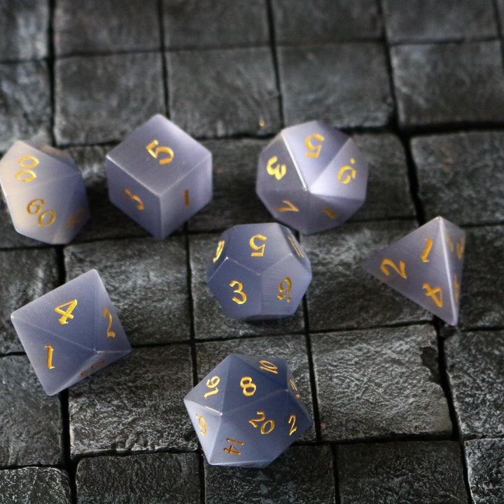 Hand Carved  Gemstone Gray Cats Eye Stone (And Box) Polyhedral Dice DnD Dice Set