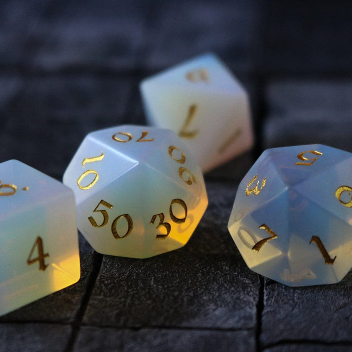 Gemstone Opalite (Gold Font) Hand Carved Polyhedral Dice (And Box) DnD Dice Set