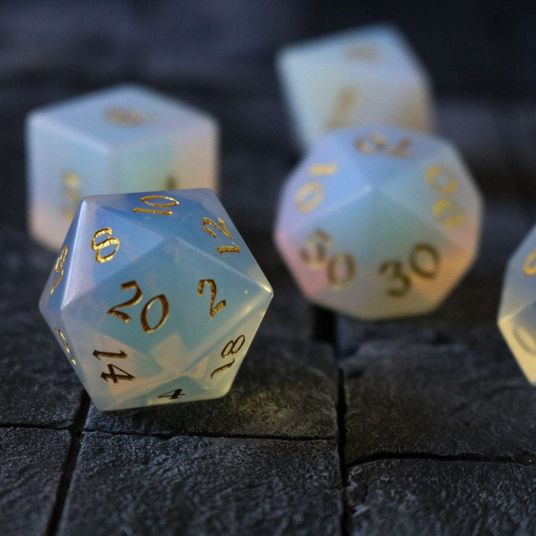 Gemstone Opalite (Gold Font) Hand Carved Polyhedral Dice (And Box) DnD Dice Set