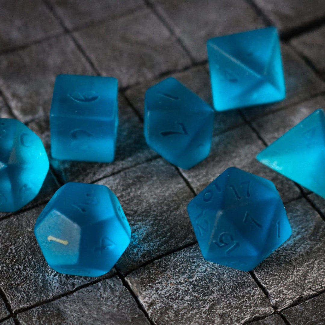 Hand Carved Blue Zircon Glass (And Box) Polyhedral Dice DND Set