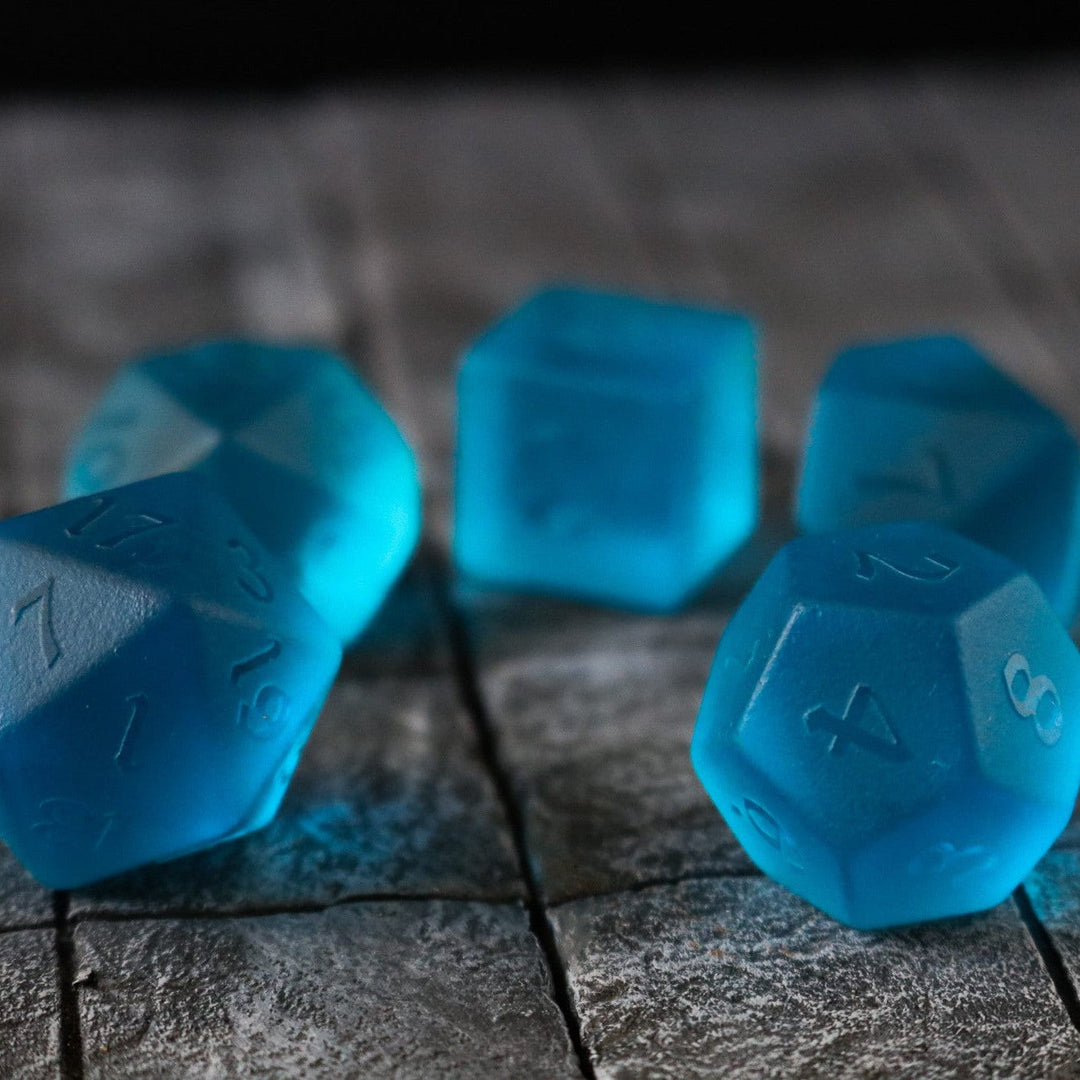 Hand Carved Blue Zircon Glass (And Box) Polyhedral Dice DND Set