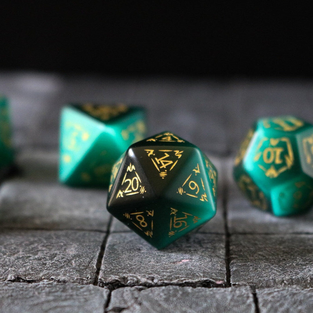 Dragon Shield Gemstone Green Cats Eye Stone (And Box) Polyhedral Dice DND Set
