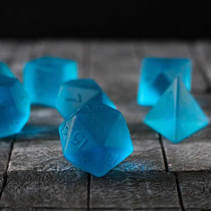 Hand Carved Blue Zircon Glass (And Box) Polyhedral Dice DND Set