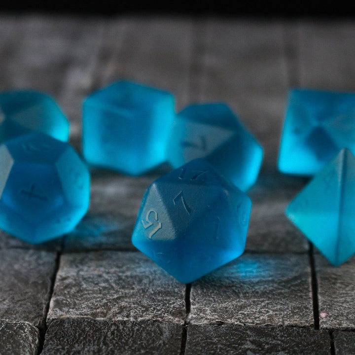 Hand Carved Blue Zircon Glass (And Box) Polyhedral Dice DND Set