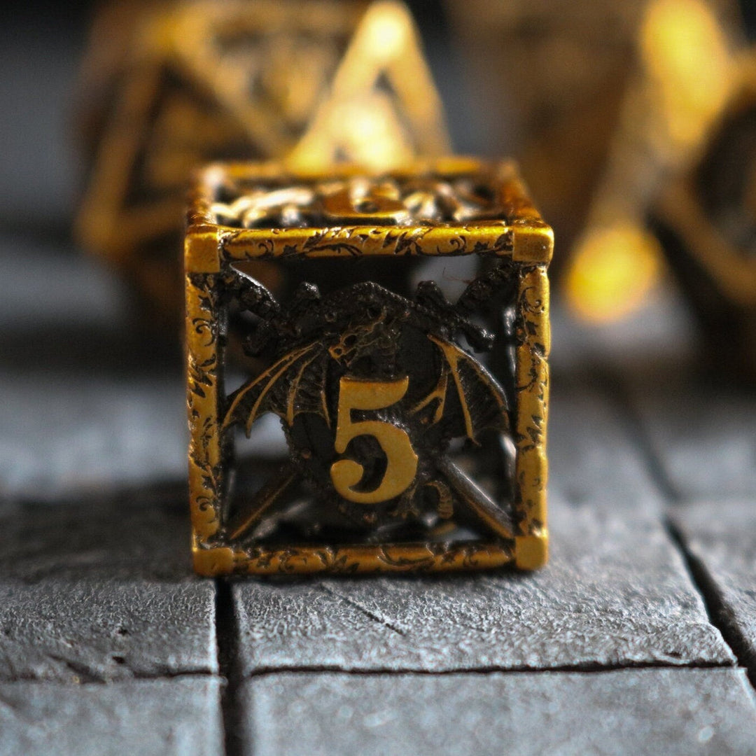 Shield And Sword Gold Hollow Metal Dice Set RPG Game DND MTG Tabletop Gaming