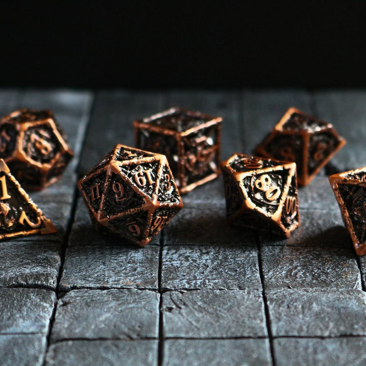 Shield And Sword Copper Hollow Metal Dice Set RPG Game DND MTG Tabletop Gaming