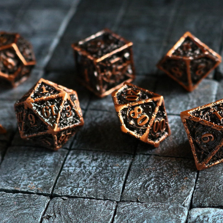 Shield And Sword Copper Hollow Metal Dice Set RPG Game DND MTG Tabletop Gaming