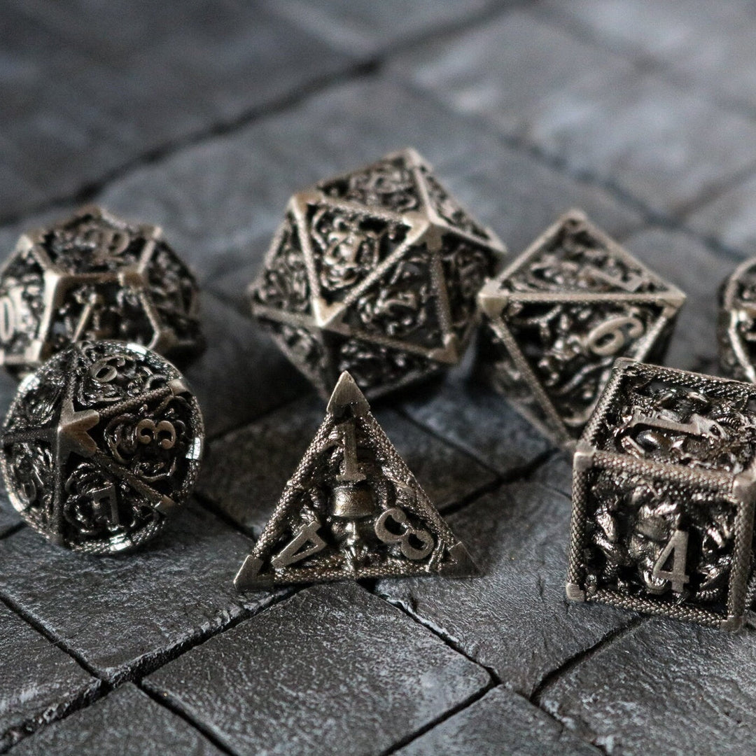 Medusa Silver Hollow Metal Dice Set Tabletop Gaming