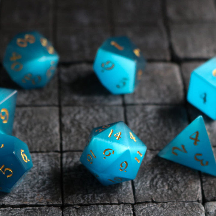 Hand Carved  Gemstone Light Blue Cats Eye Stone (And Box) Polyhedral Dice DND Set