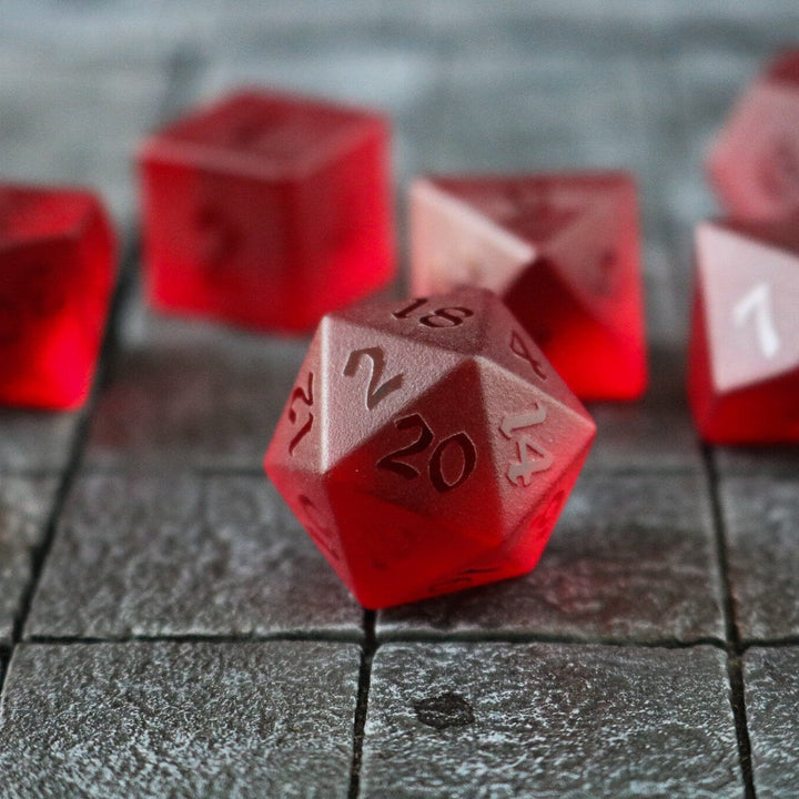 Hand Carved Raised Blood Red Zircon Glass (And Box) Polyhedral Dice DND Set