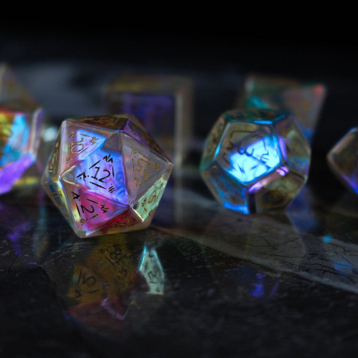 Dragon Shield Gemstone Dichroic Glass Polyhedral Dice (With Box) DND Set