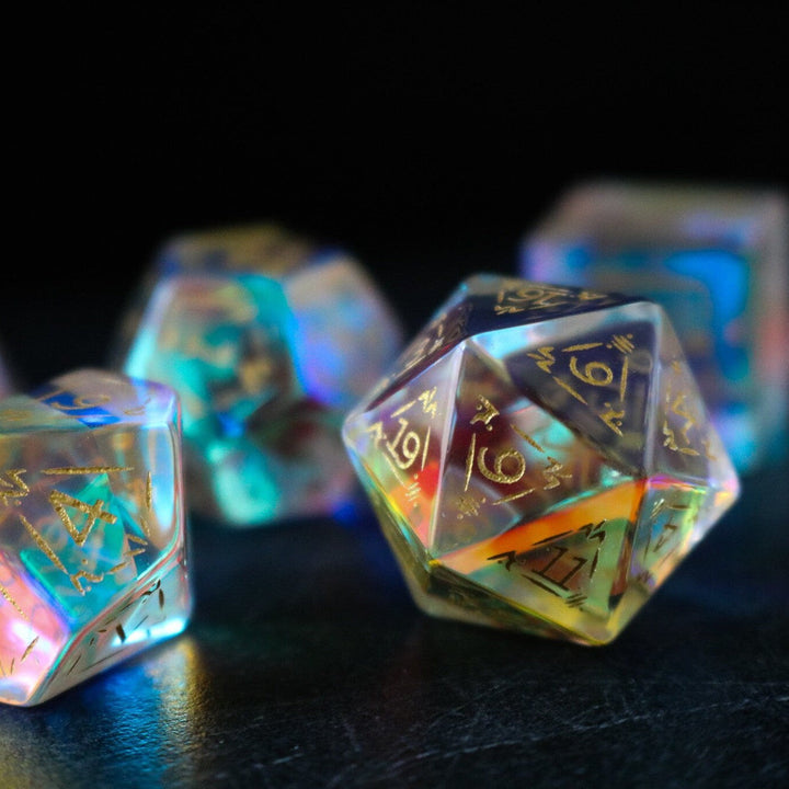 Dragon Shield Gemstone Dichroic Glass Polyhedral Dice (With Box) DND Set