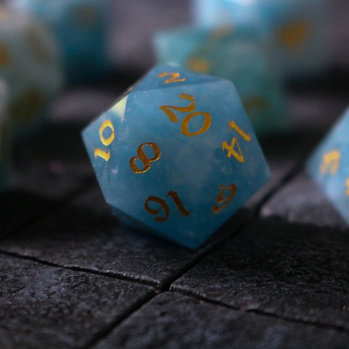 Hand Carved Gemstone Blue Aquamarine Stone (And Box) Polyhedral Dice DND Set