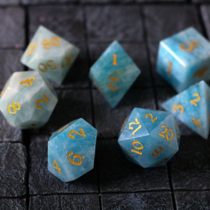 Hand Carved Gemstone Blue Aquamarine Stone (And Box) Polyhedral Dice DND Set