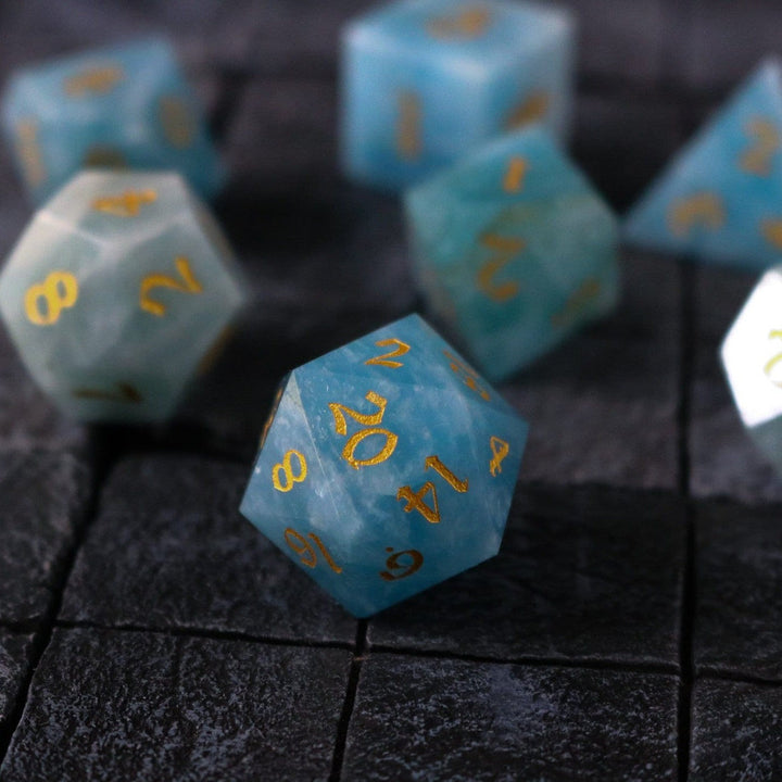 Hand Carved Gemstone Blue Aquamarine Stone (And Box) Polyhedral Dice DND Set