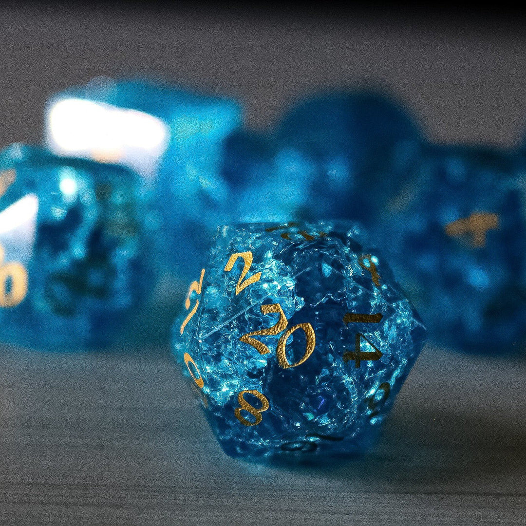 Blue Lightning Glass Cracked Glass (And Box) Polyhedral Dice DND Set