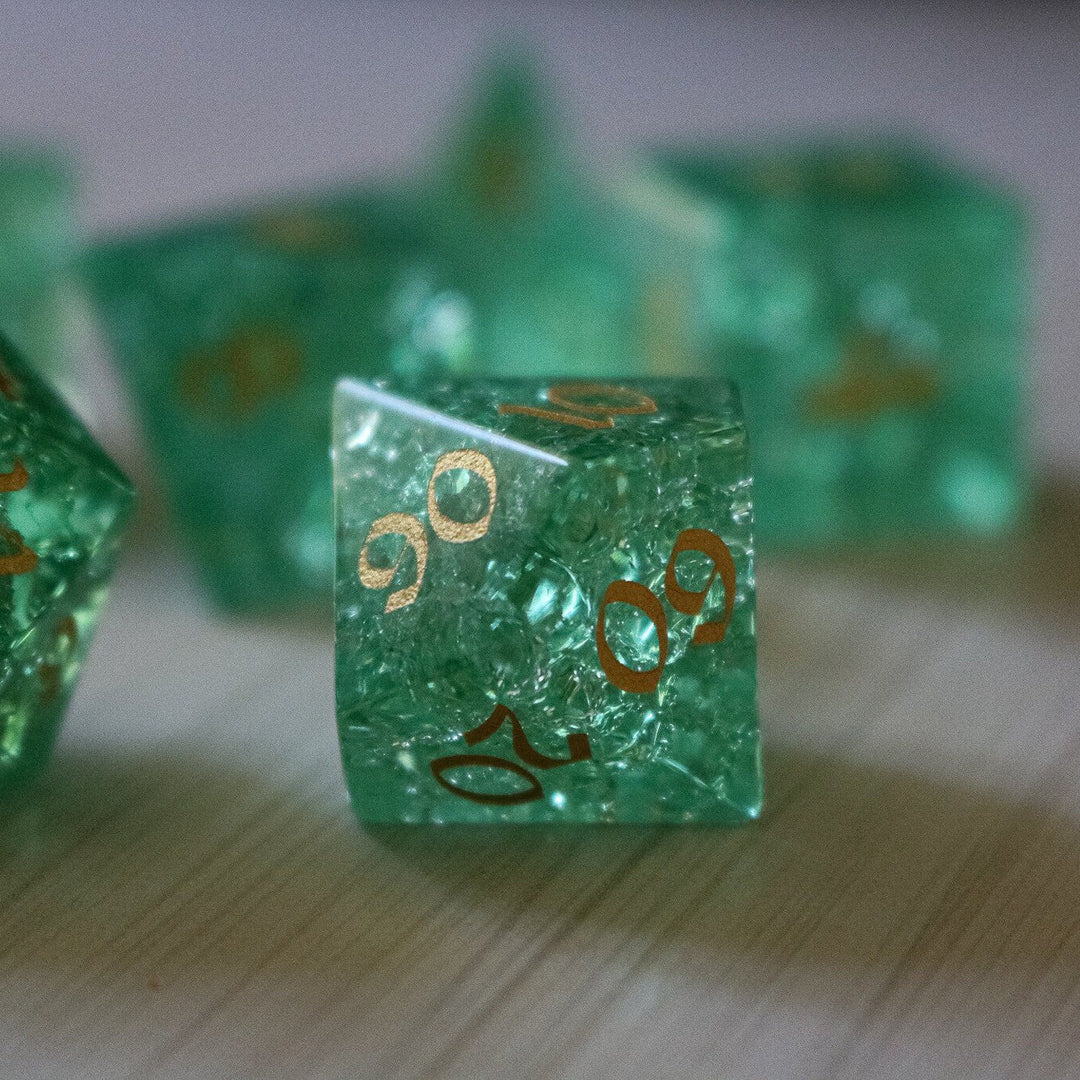 Green Lightning Glass Cracked Glass (And Box) Polyhedral Dice DND Set