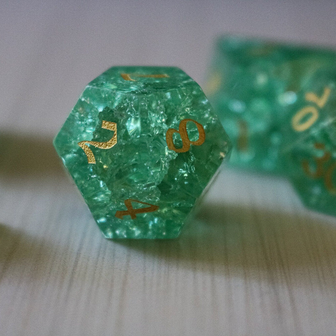 Green Lightning Glass Cracked Glass (And Box) Polyhedral Dice DND Set