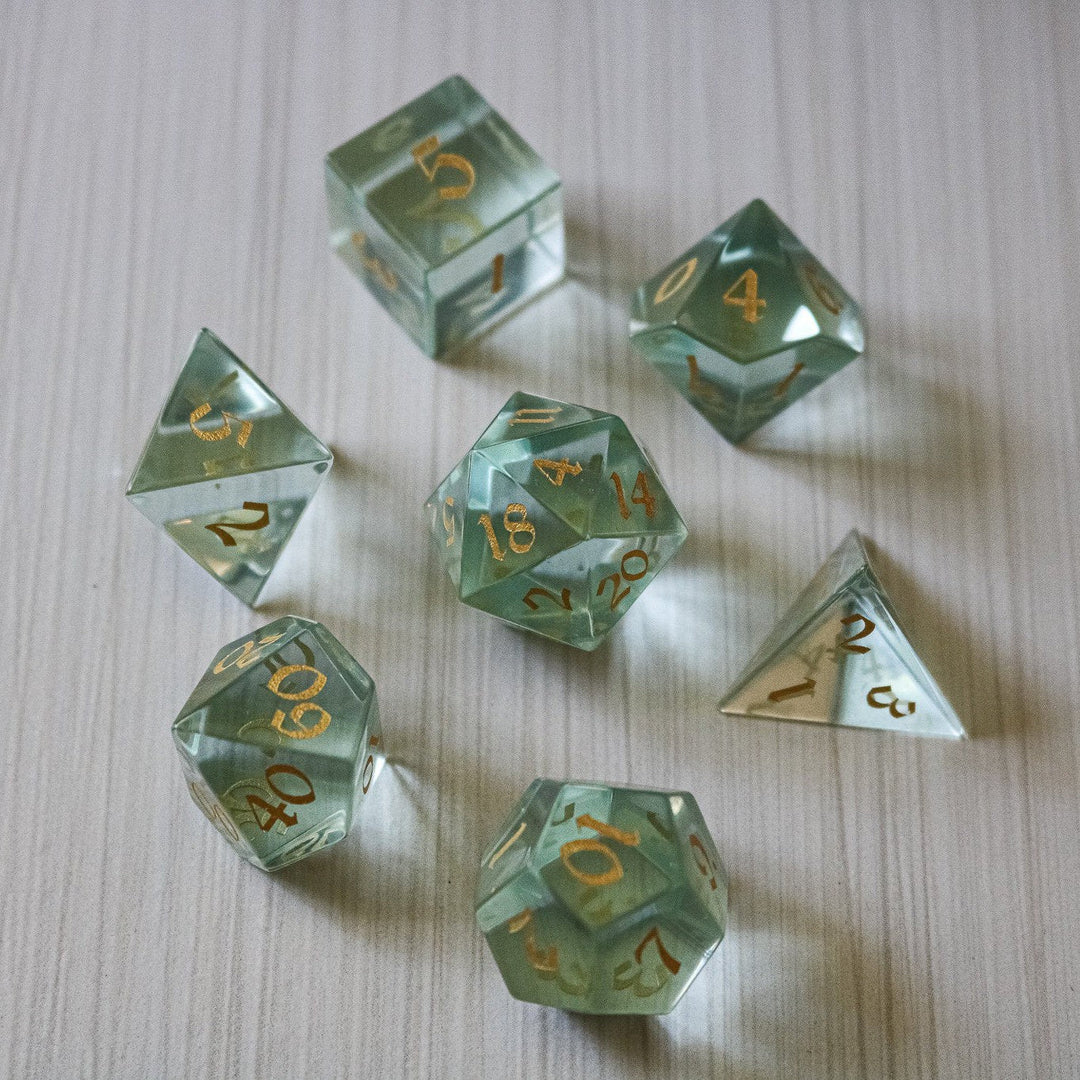 Hand Carved Green Water Glass (And Box) Polyhedral Dice DND Set - RPG Game DND