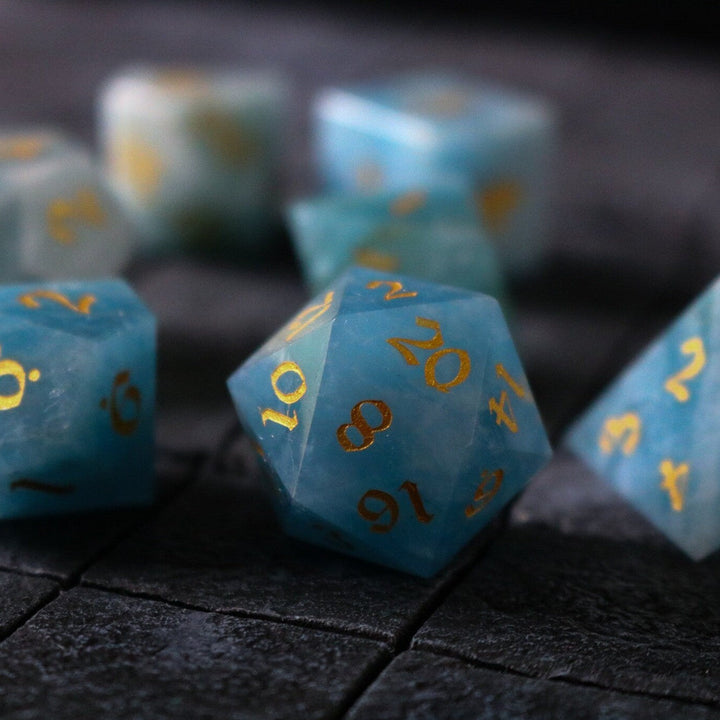 Hand Carved Gemstone Blue Aquamarine Stone (And Box) Polyhedral Dice DND Set