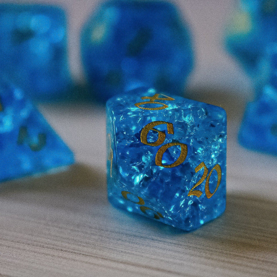 Blue Lightning Glass Cracked Glass (And Box) Polyhedral Dice DND Set