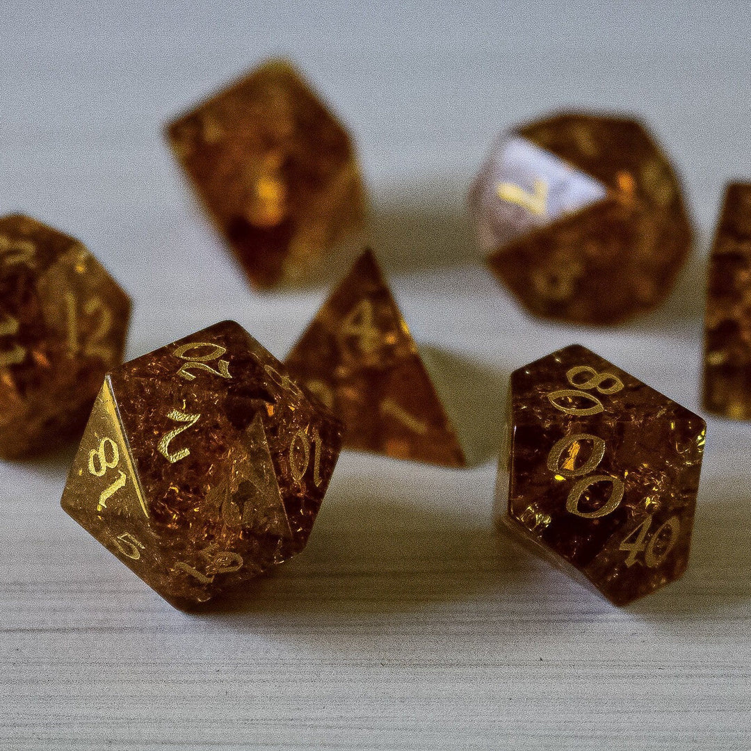 Gold Honey Lightning Glass Cracked Glass (And Box) Polyhedral Dice DND Set