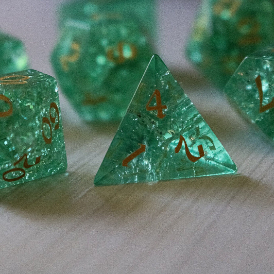 Green Lightning Glass Cracked Glass (And Box) Polyhedral Dice DND Set