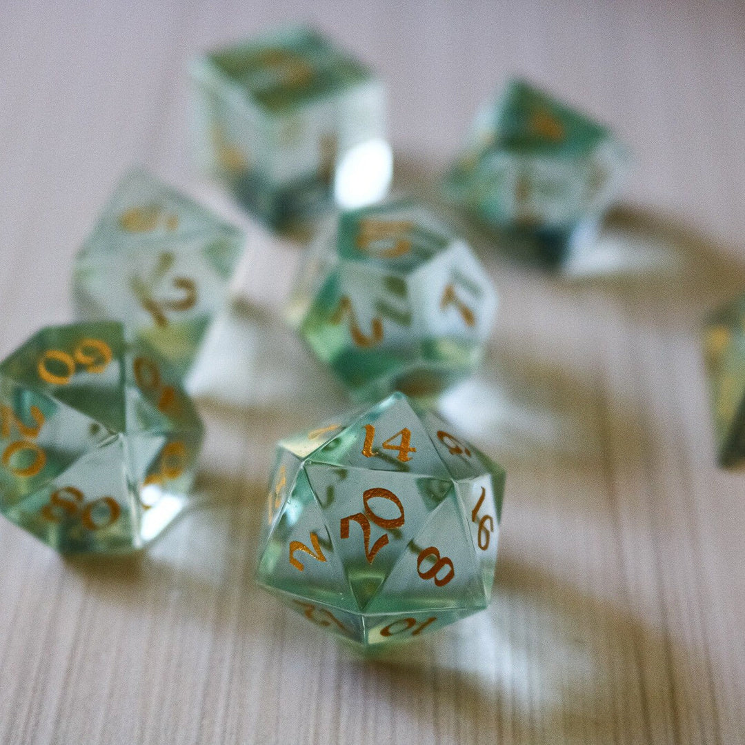 Hand Carved Green Water Glass (And Box) Polyhedral Dice DND Set - RPG Game DND